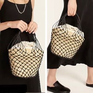 JCREW J.Crew SEDONA Raffia Paper Straw Bucket Basket Bag Purse BLACK Net Overlay